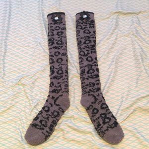Black leopard print knee high winter socks fuzzy with little flowers on top